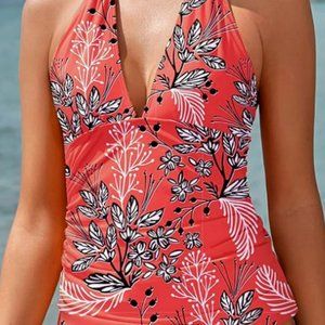 Women's Halter Tankini Top No Bottom V Neck Swim Top Tummy Control Medium - Red